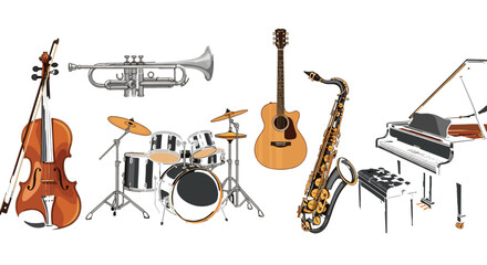 Illustration showcasing a variety of musical instruments including a cello, drums and a piano setup