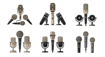 Illustration showcasing a variety of vintage and modern microphones arranged in distinct groupings