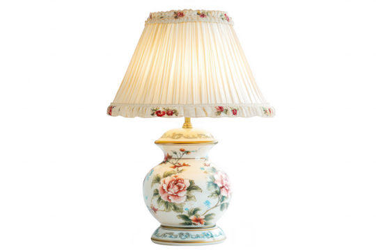 Elegant porcelain table lamp with floral pattern isolated on transparent background