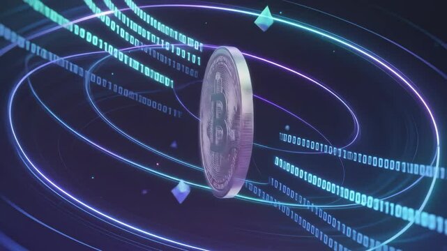 Digital graphic of a spinning silver coin with binary code and neon lines futuristic illustration for financial concepts technology presentations or business marketing