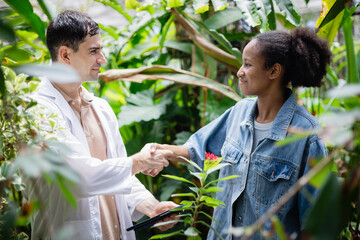 Young scientist and team member in farm are engaged in agricultural research, shaking hands in lush green environment filled with various plants and leaves