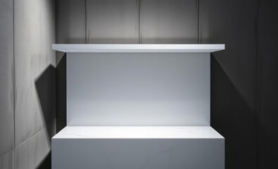 A stark white marble shelf its smooth surface beckoning for display stands against a textured concrete wall providing a neutral backdrop for product presentation