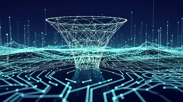 Abstract Digital Data Funnel And Network Visualization With Blue Light Effects