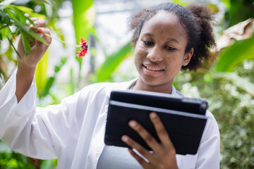 Young scientist in lab coat is conducting agricultural research on farm, examining plant closely...