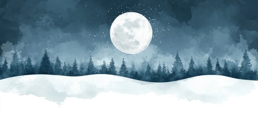 Serene winter night landscape with a glowing moon over a snowy forest
