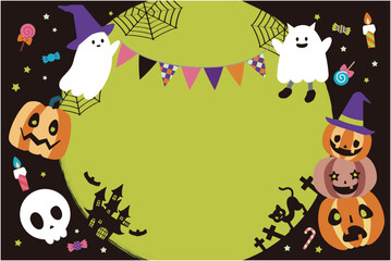 Naklejka premium ハロウィンパーティー ジャックオランタンとオバケの背景素材 横長