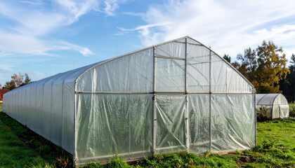 Obraz premium a large, elongated structure with a translucent covering dominates the landscape, positioned on a grassy patch of land