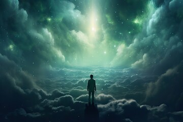 Fototapeta premium Man stands on edge looking at bright sky. Abstract concept of meditation, self-discovery and spiritual awakening. Digital art.