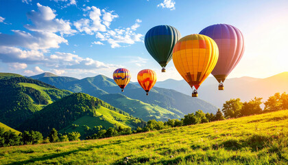 Naklejka premium a serene rural landscape with three hot air balloons floating gently over verdant hills under a clear blue sky.