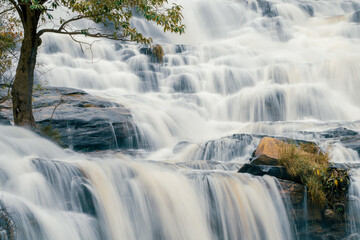 Beautiful waterfall with a lush green forest in the background. The water is flowing down the rocks and creating a beautiful scene. Sustainable waterfall in lush forest promoting water sustainability.