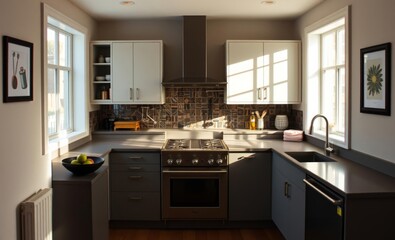 A kitchen bathed in natural light where sleek gray countertops adorned with stainless steel appliances and a vibrant backsplash create a modern and sophisticated atmosphere