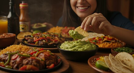 Person dipping a tortilla chip into guacamole