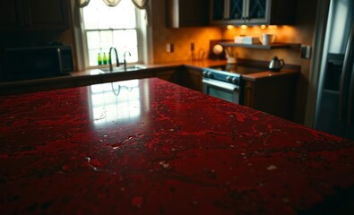 A vibrant red granite countertop its surface etched with veins of fiery passion stood ready to grace any kitchen with its bold presence