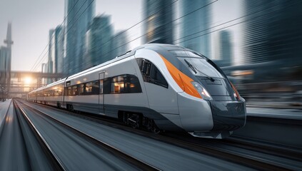 Naklejka premium Modern train speeding through city