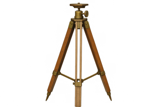Vintage wooden tripod with brass head and leg locks, isolated on transparent background, ready for photo or video projects