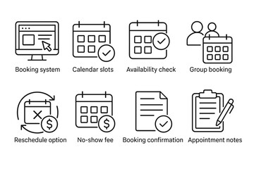 Online booking system icons: calendar slots, group booking, no-show fee, appointment notes
