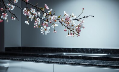 A symphony of nature and technology unfolded on a sleek dark gray granite countertop Delicate apple blossoms in full bloom cascaded from branches adding a touch of springtime's vibrancy to the cool mo