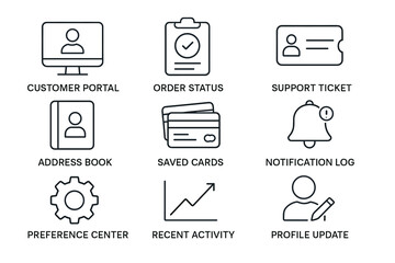 Customer portal icons: order, support, profile, preferences, notifications