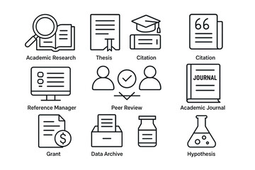 Academic research icons: thesis, citation, peer review, journal, hypothesis