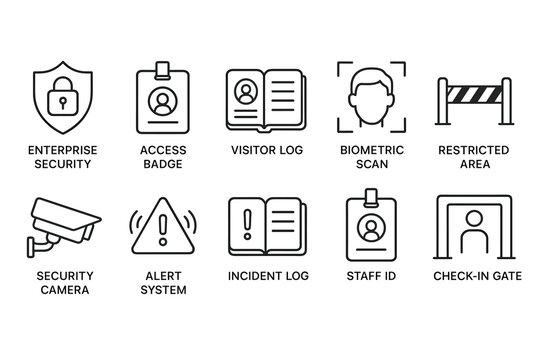 Enterprise security icons: access badge, visitor log, biometric, security camera, alert system