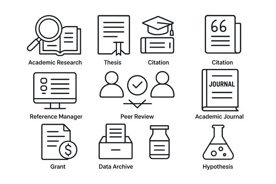 Academic research icons: thesis, citation, peer review, journal, hypothesis