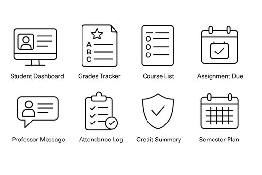 Education management icons: student dashboard, grades tracker, course list, and more