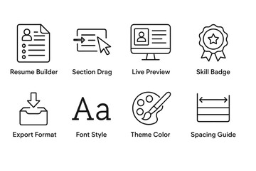 Icon set for resume builder and design tools featuring skill badge and theme color options