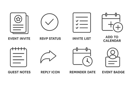 Event management icons: invite, rsvp status, calendar, notes, reminder, badge