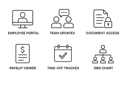 Digital workplace icons: employee tools for productivity and organization