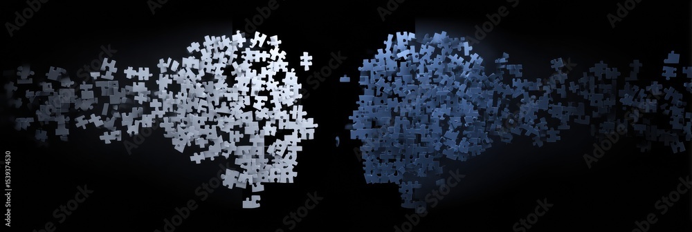 Aufkleber Floating Puzzle Pieces Create a Visually Striking Image of a Brain Missing Fragments, Highlighting the Quest for Completion in an Abstract Display