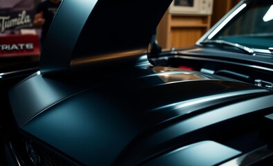 A sleek black metal exhaust hood its surface gleaming with an industrial sheen dominated the engine bay of a classic muscle car