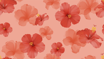 Floral seamless pattern features large, vibrant red hibiscus flowers interspersed with translucent red hibiscus flowers on a soft red background