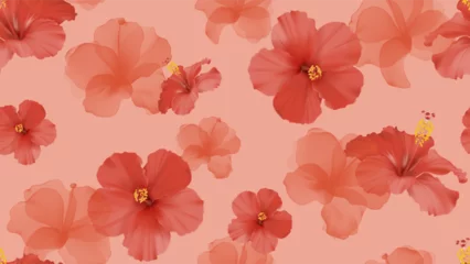 Gordijnen Bladeren Floral seamless pattern features large, vibrant red hibiscus flowers interspersed with translucent red hibiscus flowers on a soft red background  © momosama