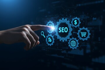 Digital Internet marketing concept on virtual screen. SEO - Search engine optimisation. Generated AI