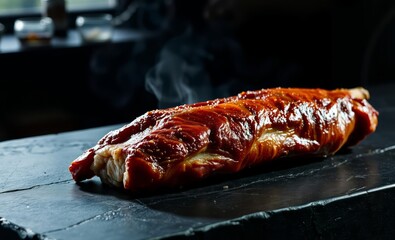 A glistening piece of pork its skin shimmering with fat lay majestically upon a stark black stone table its rich aroma tantalizing the senses