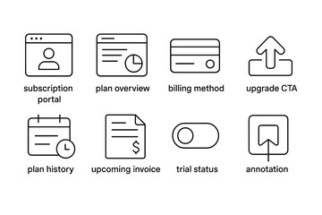 Icons for subscription portal: plan overview, billing, upgrade, invoice