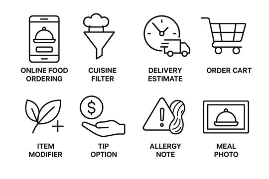 Online food icons: ordering, cuisine, delivery, cart, modifier, tips, allergy, meal