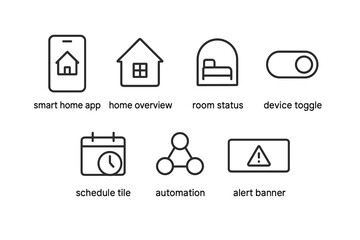 Smart home interface icons: app, overview, room, device toggle, schedule, automation, alert