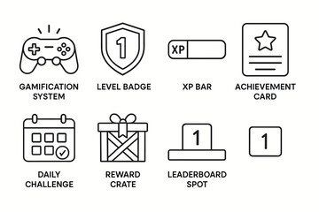Gamification icons: game controller, level badge, xp bar, achievement card, daily challenge