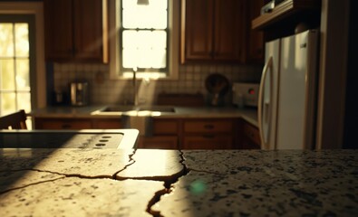 A weathered corner of a cracked granite countertop revealing the warm exposed interior of a kitchen bathed in the soft glow of sunlight