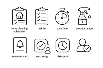 Home cleaning icons: scheduler, task list, timer, product usage, reminders, auto assign, history, profile