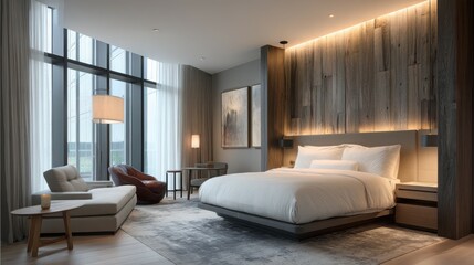 Luxurious Hotel Bedroom with Expansive Layout and Modern Design