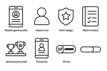 Mobile game icons: profile, avatar, rank badge, match history, achievements, friends, xp bar