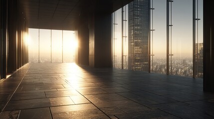 Sunlit, empty high-rise corridor with expansive city views at sunrise; dark walls contrast with the warm, golden light streaming through floor-to-ceiling windows, illuminating the polished stone floor