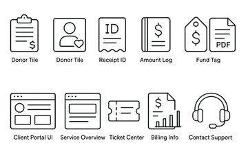 Donation and client management icons set
