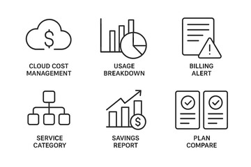 Cloud cost management icons: usage, billing, service, savings, plan