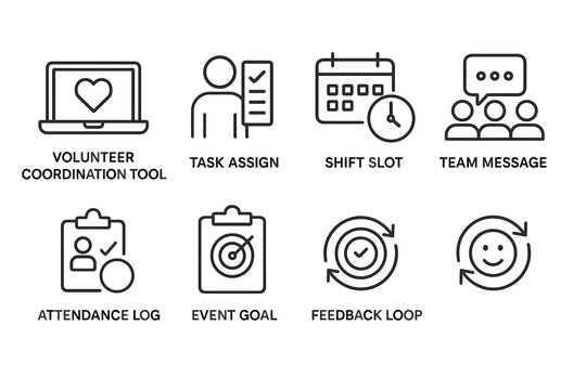 Volunteer management icons: coordination, tasks, scheduling, communication, tracking