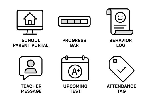 Educational icons: school parent portal, progress bar, behavior log, teacher message, upcoming test, attendance tag
