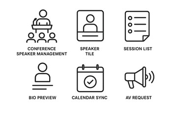 Conference management icons: speaker, session, calendar, av request