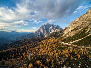 Aerial view of autumn trees and a winding road leading to a mountain range under a cloudy sky